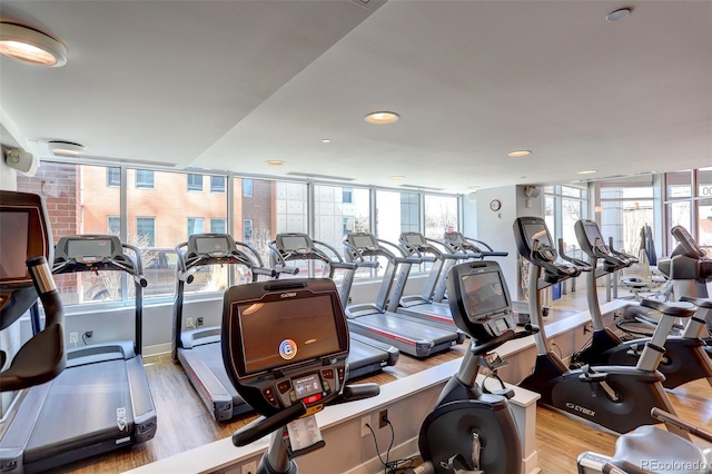 exercise room featuring light wood-type flooring