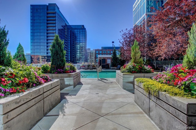 view of pool with a view of city, a fenced in pool, and a patio