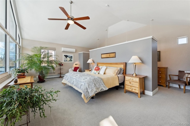 bedroom with ceiling fan, a baseboard heating unit, high vaulted ceiling, carpet flooring, and an AC wall unit