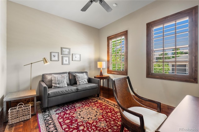 office area featuring wood finished floors and a ceiling fan