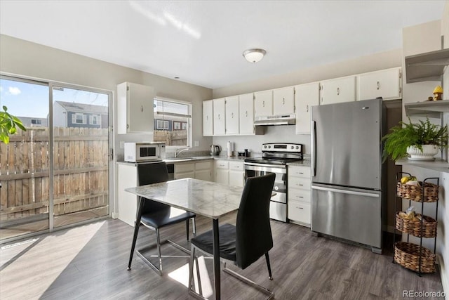 kitchen featuring a sink, white cabinetry, under cabinet range hood, and stainless steel appliances