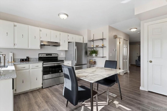 kitchen featuring white cabinetry, wood finished floors, under cabinet range hood, and stainless steel appliances