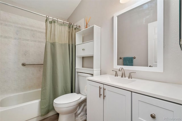 2954 E 101st Ave, Thornton, CO 80229 - bathroom featuring toilet, vanity, shower / tub combo with curtain, and wood finished floors