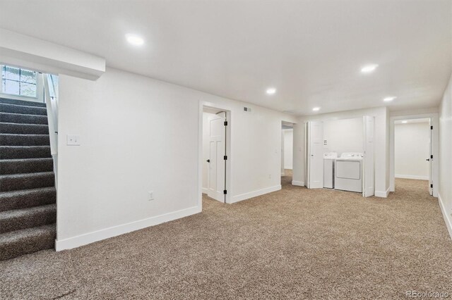 2840 Cottonwood Dr, Denver, CO 80221 - basement featuring washing machine and clothes dryer, stairs, carpet, and recessed lighting