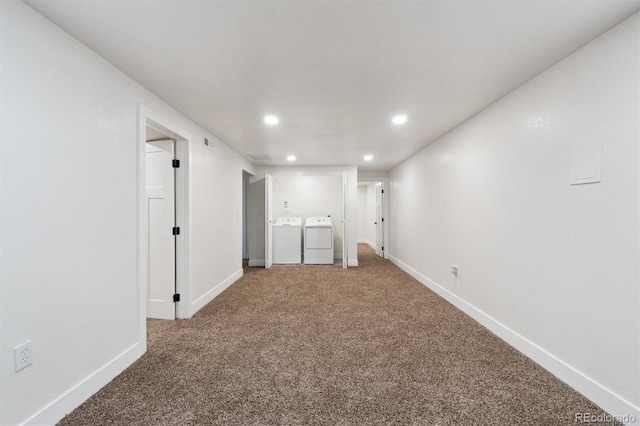 2840 Cottonwood Dr, Denver, CO 80221 - below grade area featuring baseboards, carpet flooring, washing machine and dryer, and recessed lighting
