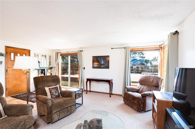 living room featuring light carpet and a textured ceiling