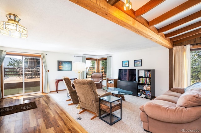 living room with beam ceiling and light wood-type flooring