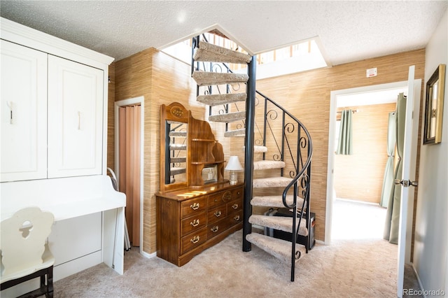 stairway featuring carpet floors, a textured ceiling, and wooden walls