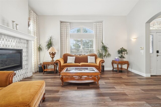 living area featuring arched walkways, baseboards, a glass covered fireplace, and wood finished floors