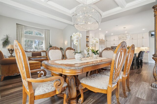 dining room featuring recessed lighting, beam ceiling, a chandelier, and dark wood finished floors