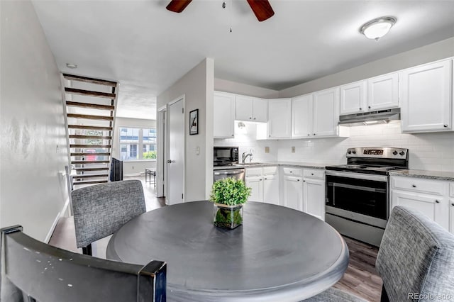 8905 Field St Unit 91, Westminster, CO 80021 - kitchen with appliances with stainless steel finishes, under cabinet range hood, tasteful backsplash, ceiling fan, and white cabinetry