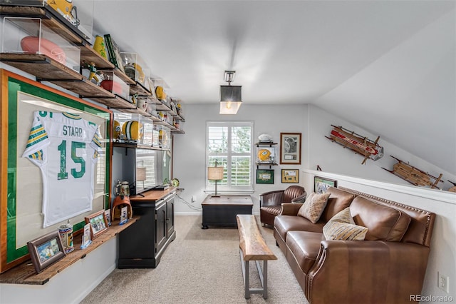 carpeted living room featuring lofted ceiling