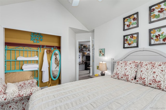 bedroom featuring ceiling fan, lofted ceiling, a closet, and carpet