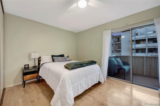 bedroom featuring light wood-style flooring, baseboards, and ceiling fan