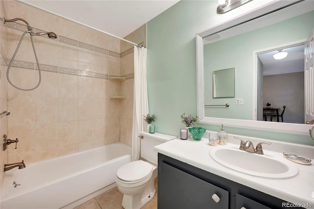 full bath with toilet, shower / bathtub combination with curtain, tile patterned flooring, and vanity