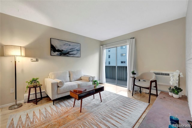 living area with baseboards, wood finished floors, baseboard heating, and a wall mounted air conditioner