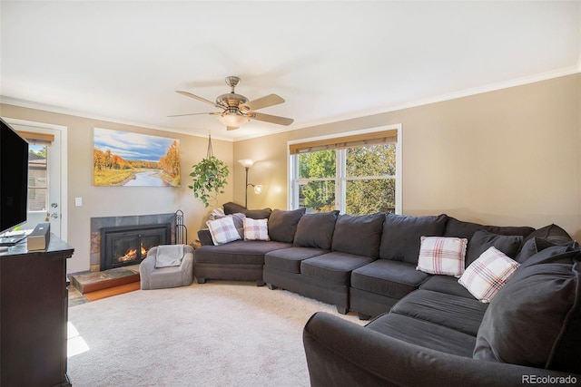 7780 S Kendall Blvd, Littleton, CO 80128 - living room with a glass covered fireplace, a ceiling fan, and ornamental molding
