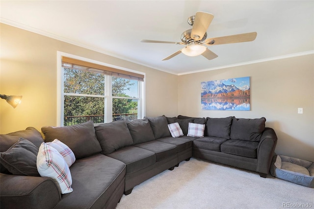 7780 S Kendall Blvd, Littleton, CO 80128 - living area featuring light carpet, crown molding, and a ceiling fan