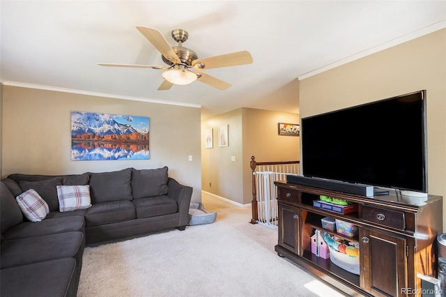 7780 S Kendall Blvd, Littleton, CO 80128 - living room with crown molding, light colored carpet, and ceiling fan