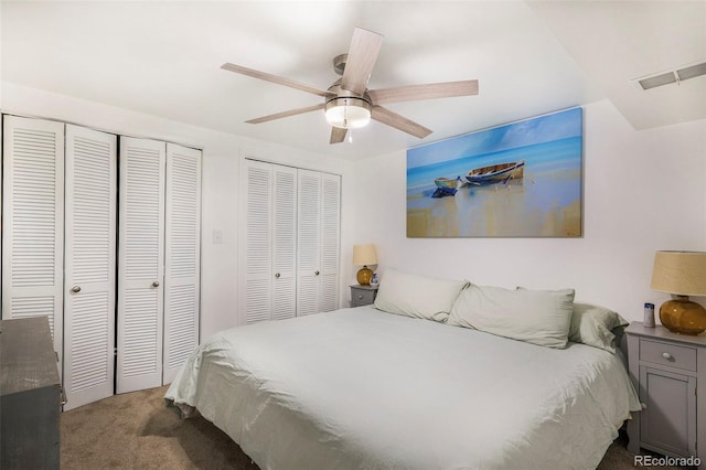 7780 S Kendall Blvd, Littleton, CO 80128 - bedroom with carpet floors, multiple closets, and ceiling fan
