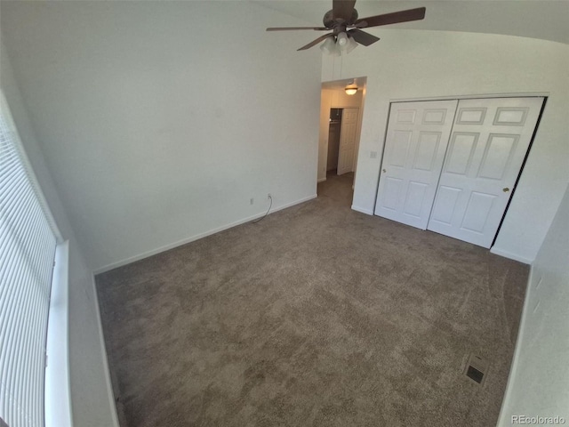 894 S Krameria St, Denver, CO 80224 - unfurnished bedroom with carpet, a closet, baseboards, lofted ceiling, and a ceiling fan