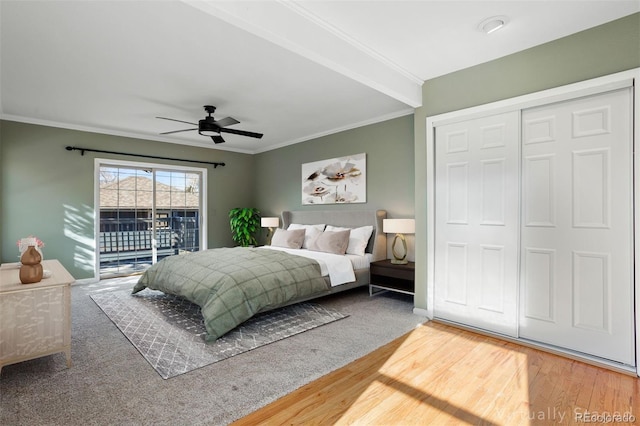 bedroom featuring wood-type flooring, access to outside, ceiling fan, and crown molding