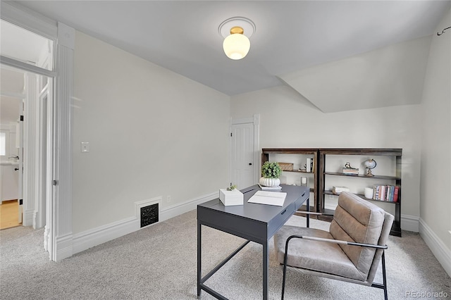 office featuring visible vents, carpet, and baseboards