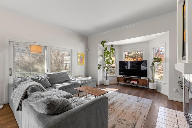 living room featuring a fireplace, crown molding, baseboards, and wood finished floors