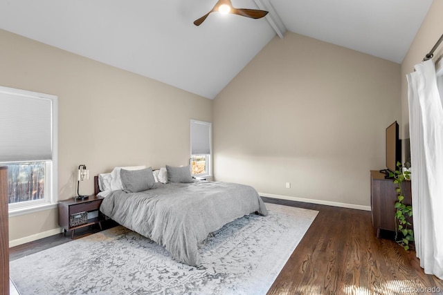 bedroom featuring ceiling fan, wood finished floors, high vaulted ceiling, beamed ceiling, and baseboards