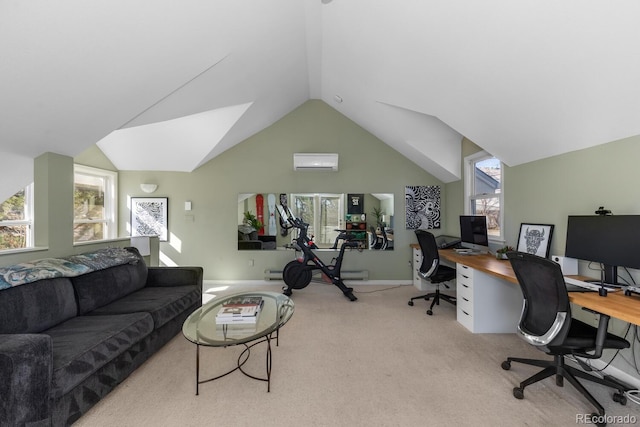 office space featuring high vaulted ceiling, carpet flooring, and a wall mounted air conditioner