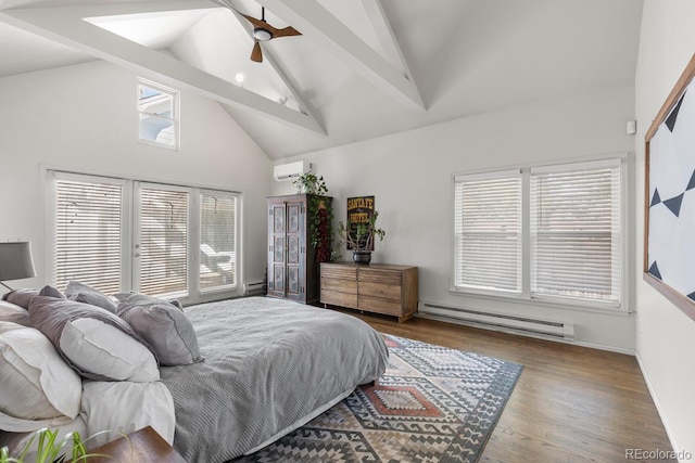 bedroom featuring ceiling fan, high vaulted ceiling, a baseboard heating unit, wood finished floors, and a wall mounted AC