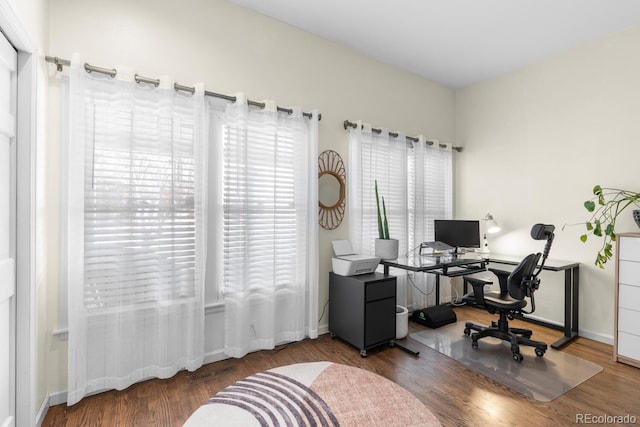 home office featuring wood finished floors and baseboards