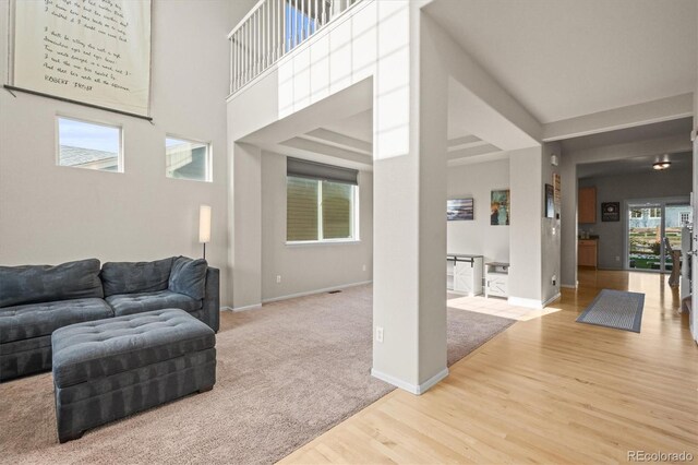 living area featuring wood finished floors, baseboards, and carpet