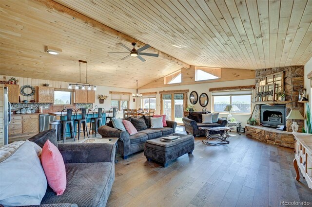 24700 US Highway 285, Buena Vista, CO 81211 - living room with wood-type flooring, a ceiling fan, a chandelier, and wooden ceiling