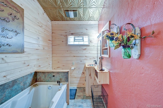 24700 US Highway 285, Buena Vista, CO 81211 - full bath with wood walls, vanity, a tub with jets, and an ornate ceiling