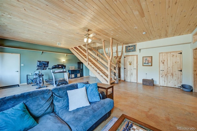 24700 US Highway 285, Buena Vista, CO 81211 - living room with wooden ceiling, concrete flooring, a ceiling fan, and vaulted ceiling