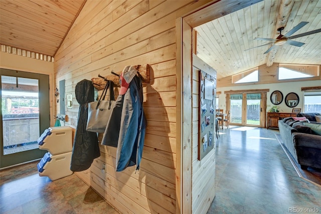 24700 US Highway 285, Buena Vista, CO 81211 - hallway featuring vaulted ceiling, wood ceiling, wooden walls, and tile patterned floors
