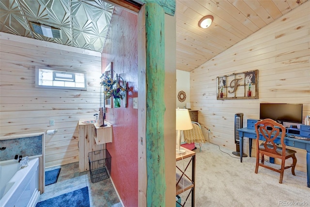 24700 US Highway 285, Buena Vista, CO 81211 - bathroom featuring wood walls, lofted ceiling, a garden tub, and wooden ceiling