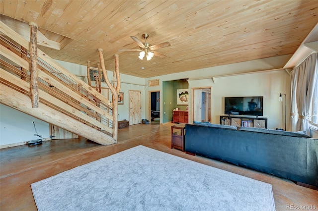 24700 US Highway 285, Buena Vista, CO 81211 - living area with wood ceiling, concrete floors, and a ceiling fan