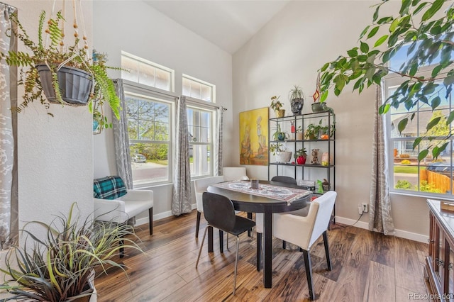 dining space with wood finished floors, baseboards, and high vaulted ceiling