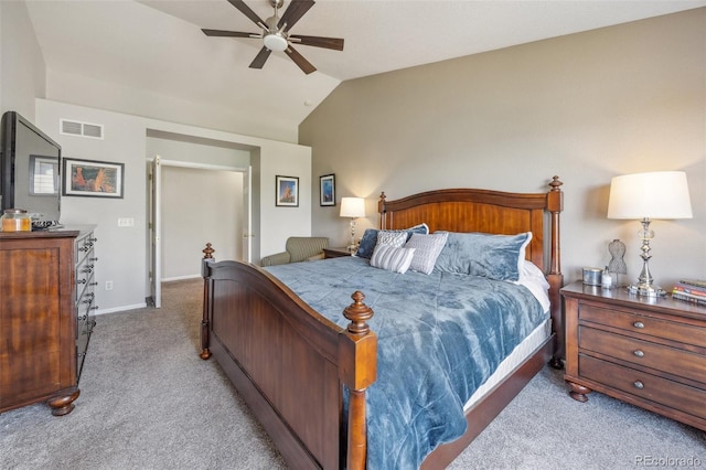 bedroom with carpet floors, lofted ceiling, baseboards, and a ceiling fan