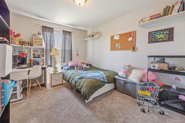 bedroom featuring carpet and a desk