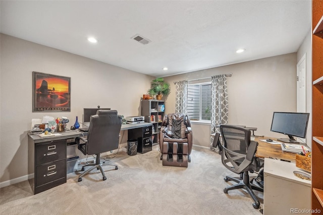 office area featuring light carpet, recessed lighting, and baseboards