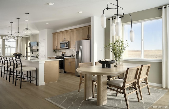 21166 E 62nd Dr, Aurora, CO 80019 - kitchen featuring appliances with stainless steel finishes, healthy amount of natural light, backsplash, light wood-style floors, and recessed lighting