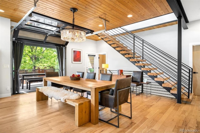 2669 N Cherry St, Denver, CO 80207 - dining room featuring wooden ceiling, hardwood / wood-style floors, stairway, recessed lighting, and a chandelier