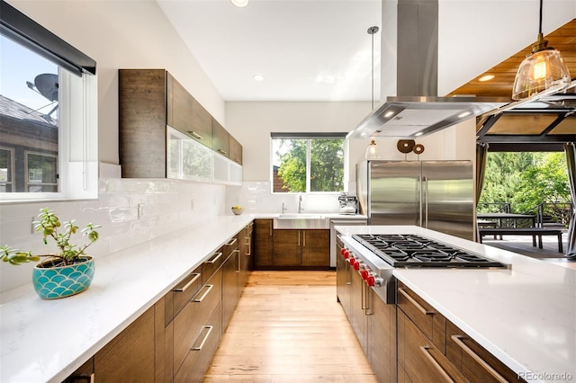 2669 N Cherry St, Denver, CO 80207 - kitchen with stainless steel appliances, light wood-style floors, island range hood, modern cabinets, and decorative backsplash