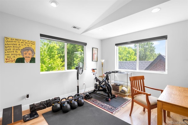 2669 N Cherry St, Denver, CO 80207 - exercise area with healthy amount of natural light, wood finished floors, lofted ceiling, recessed lighting, and baseboards