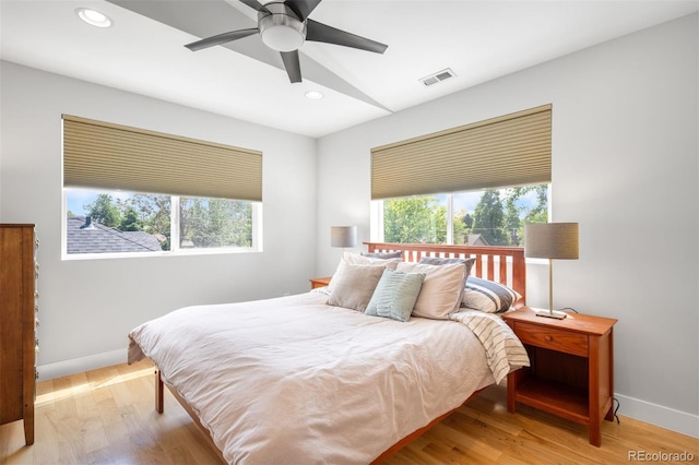 2669 N Cherry St, Denver, CO 80207 - bedroom with baseboards, light wood-style flooring, recessed lighting, and ceiling fan