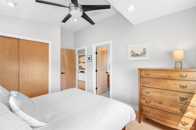 2669 N Cherry St, Denver, CO 80207 - bedroom featuring a closet, baseboards, a ceiling fan, light wood-type flooring, and recessed lighting