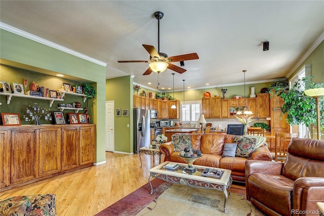 10292 Nickolas Ave, Highlands Ranch, CO 80130 - living room with a ceiling fan, light wood-type flooring, ornamental molding, and recessed lighting